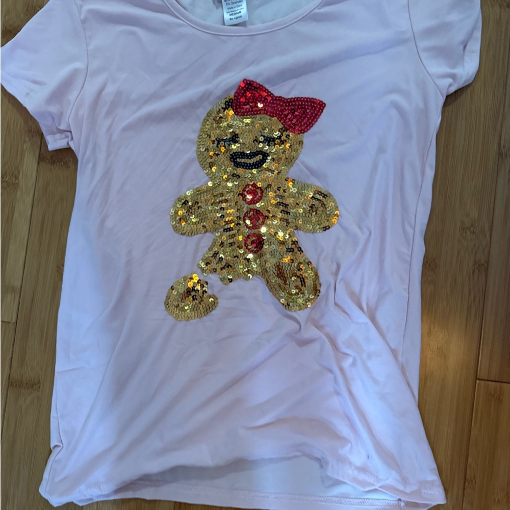 Pink T-Shirt with Sequin Gingerbread Design